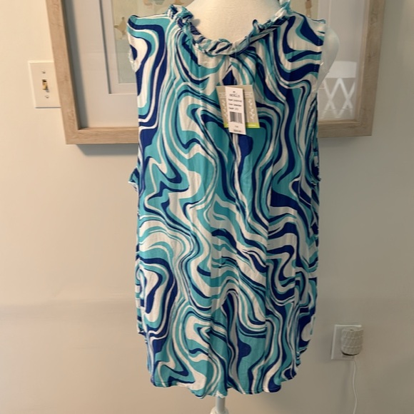 Groovy Juniper + Lime blue marble/swirl pattern sleeveless top, Sz 1X - Picture 4 of 6